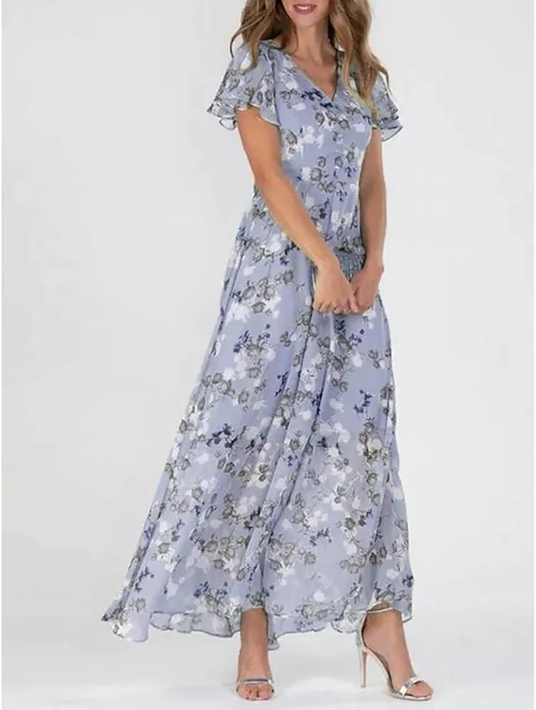 Women's Floral Maxi Dress Flowy Elegant Chiffon V Neck Flutter Short Sleeve A Line Long Dress Wedding Guest Dress