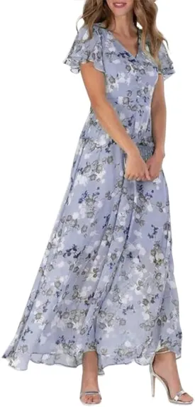 Women's Floral Maxi Dress Flowy Elegant Chiffon V Neck Flutter Short Sleeve A Line Long Dress Wedding Guest Dress