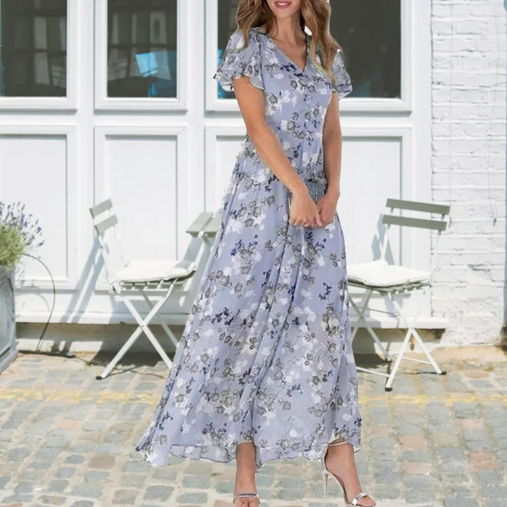 Women's Floral Maxi Dress Flowy Elegant Chiffon V Neck Flutter Short Sleeve A Line Long Dress Wedding Guest Dress