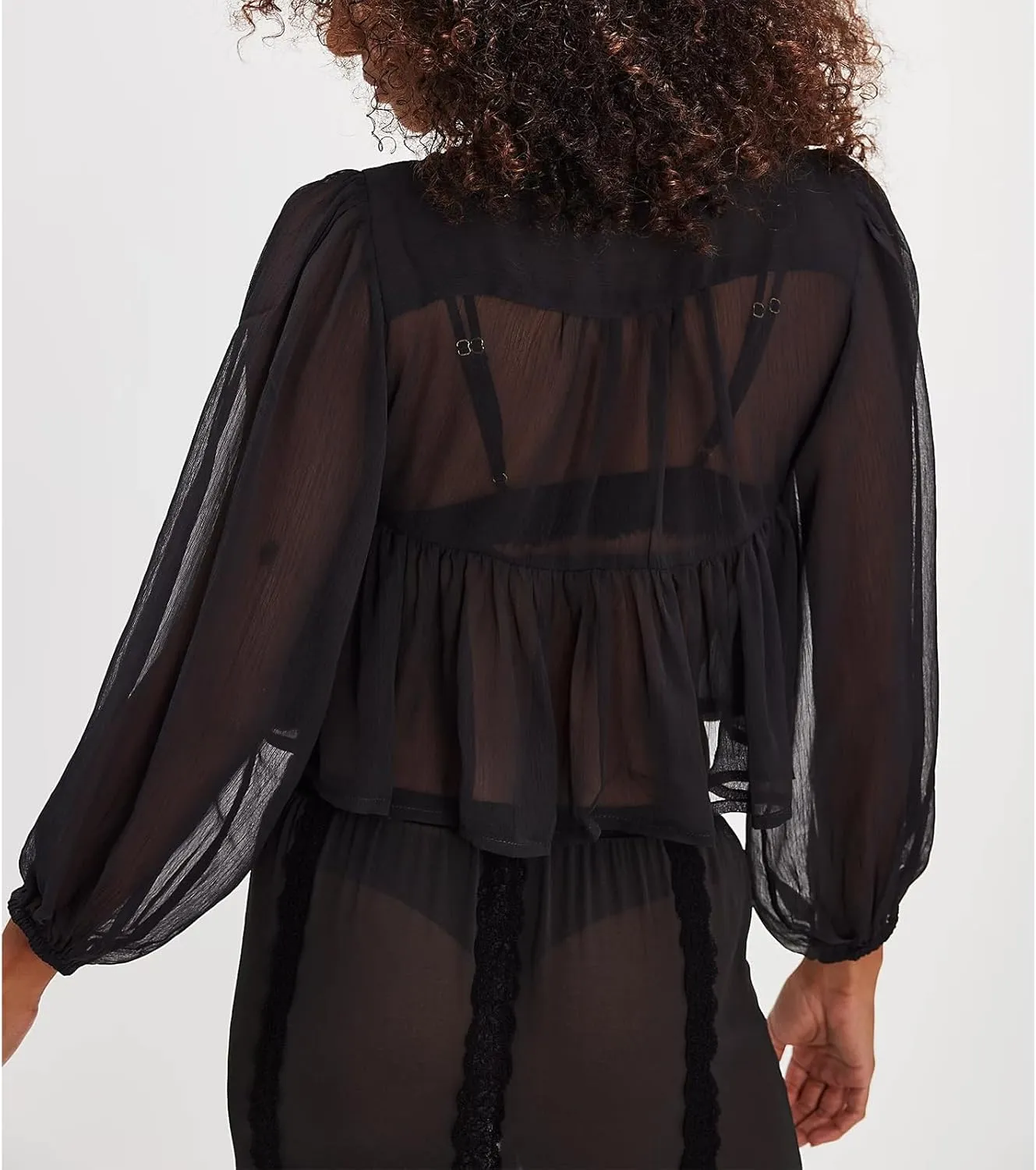 Womens Flowy Bow Front Tie Top Y2k Long Sleeve Peplum Ruffle Lace Trim Shirt Sheer V Neck Beach Lightweight Blouse