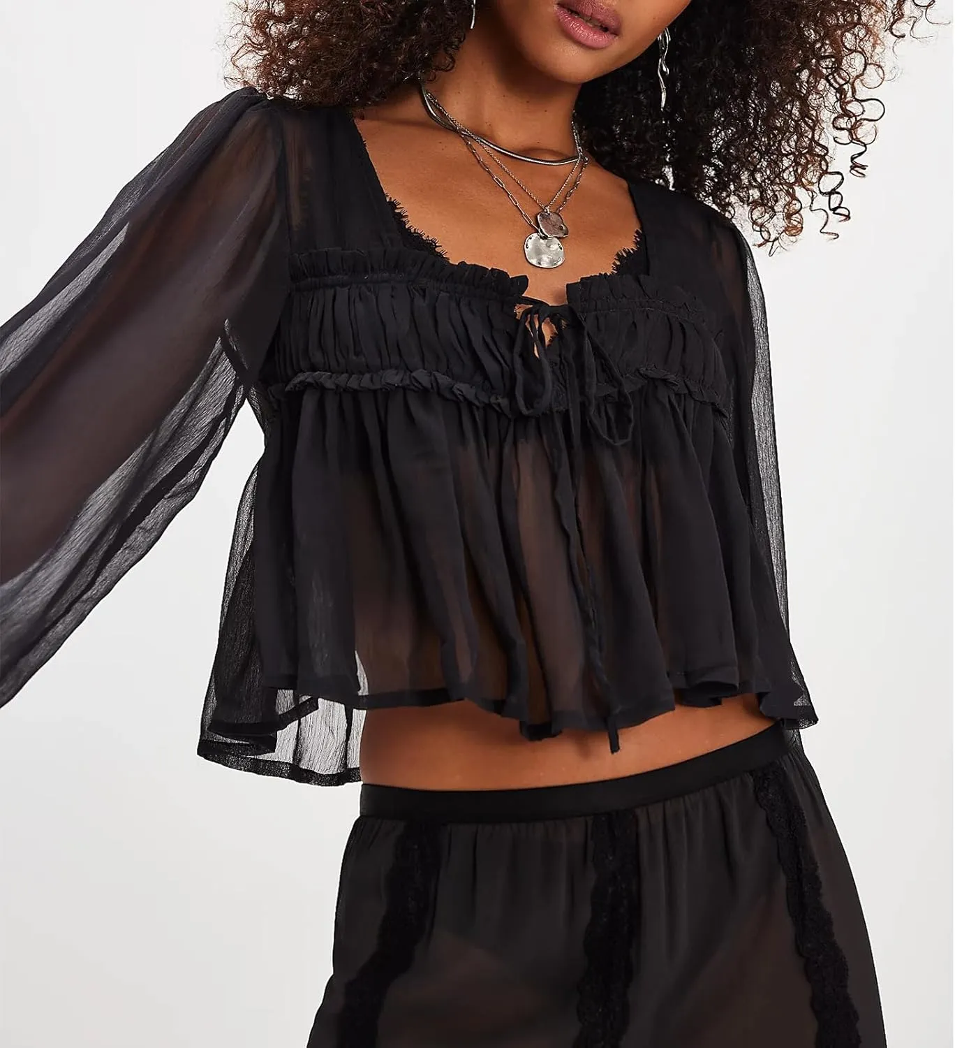Womens Flowy Bow Front Tie Top Y2k Long Sleeve Peplum Ruffle Lace Trim Shirt Sheer V Neck Beach Lightweight Blouse