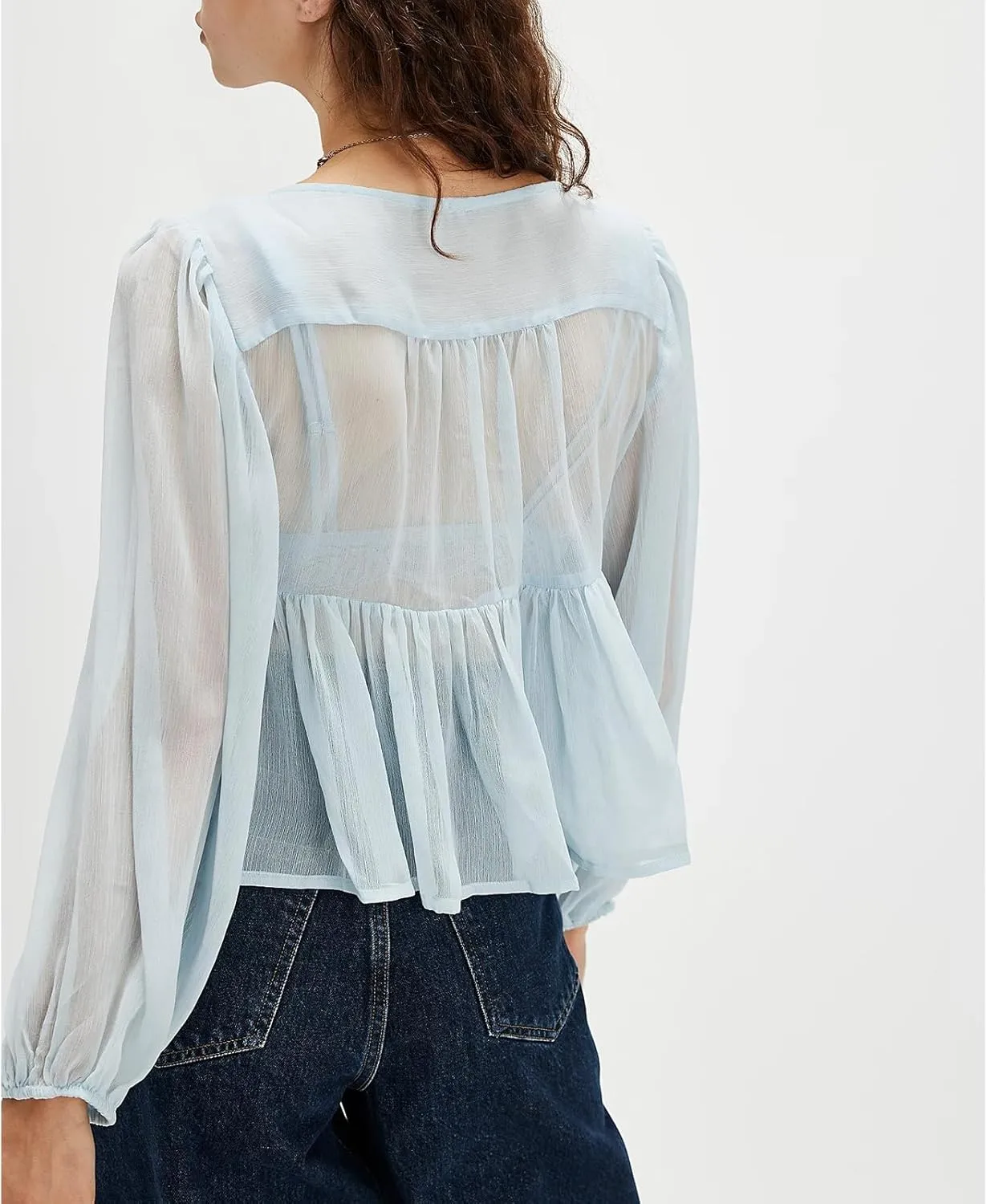 Womens Flowy Bow Front Tie Top Y2k Long Sleeve Peplum Ruffle Lace Trim Shirt Sheer V Neck Beach Lightweight Blouse