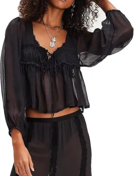 Womens Flowy Bow Front Tie Top Y2k Long Sleeve Peplum Ruffle Lace Trim Shirt Sheer V Neck Beach Lightweight Blouse