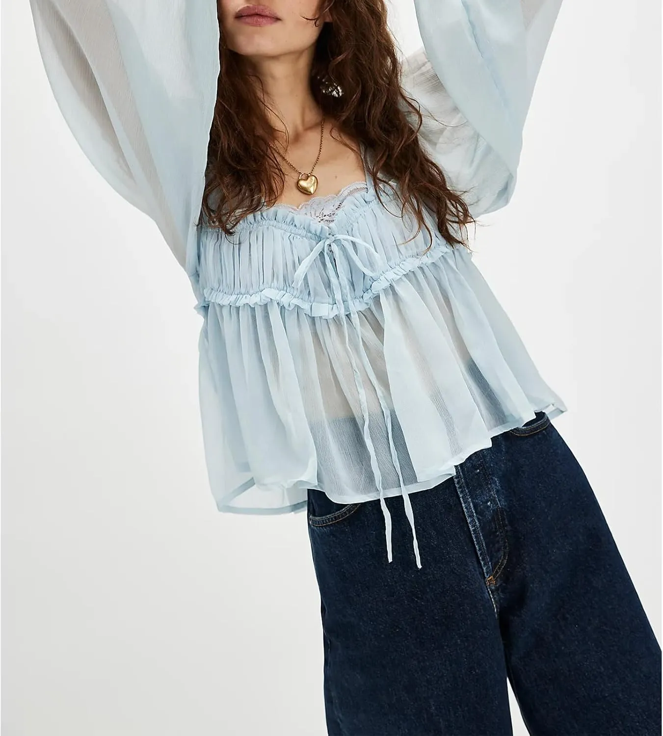 Womens Flowy Bow Front Tie Top Y2k Long Sleeve Peplum Ruffle Lace Trim Shirt Sheer V Neck Beach Lightweight Blouse