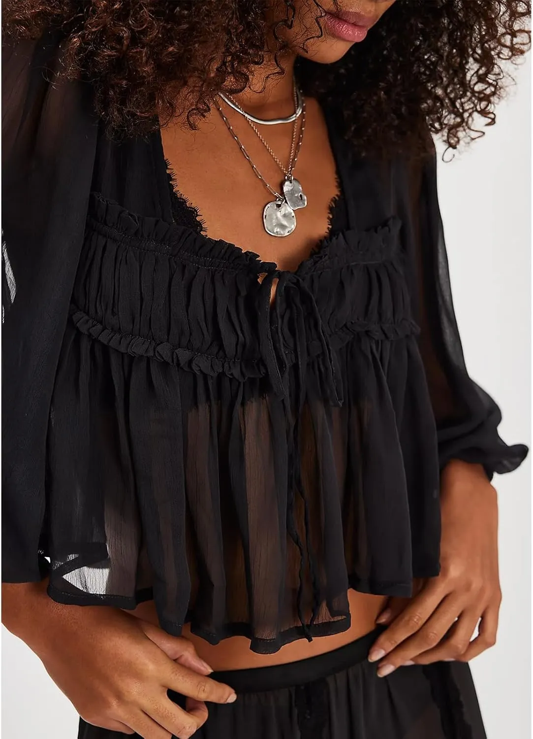 Womens Flowy Bow Front Tie Top Y2k Long Sleeve Peplum Ruffle Lace Trim Shirt Sheer V Neck Beach Lightweight Blouse