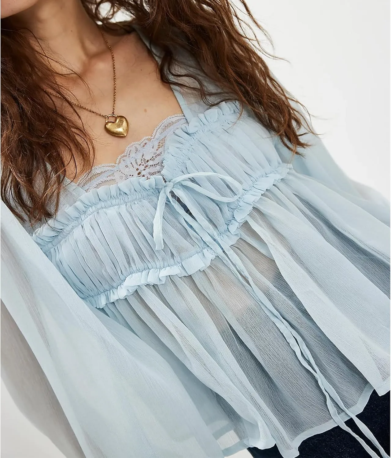 Womens Flowy Bow Front Tie Top Y2k Long Sleeve Peplum Ruffle Lace Trim Shirt Sheer V Neck Beach Lightweight Blouse
