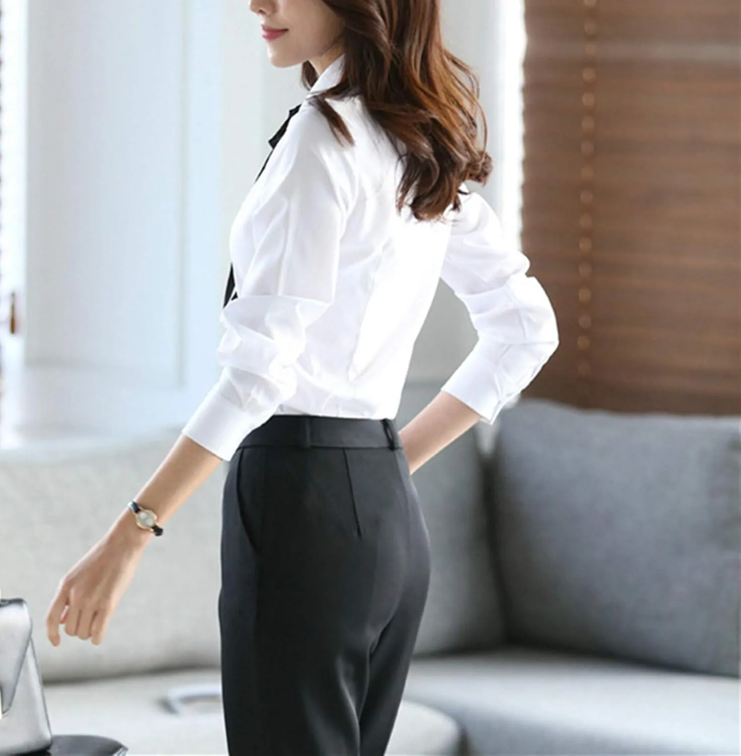 Women's Long Sleeve Chiffon Work Tops Bowtie Blouses Button Down Shirts White OL Shirts
