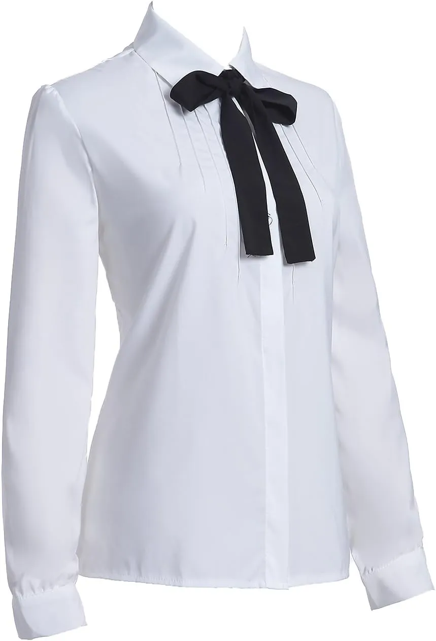 Women's Long Sleeve Chiffon Work Tops Bowtie Blouses Button Down Shirts White OL Shirts