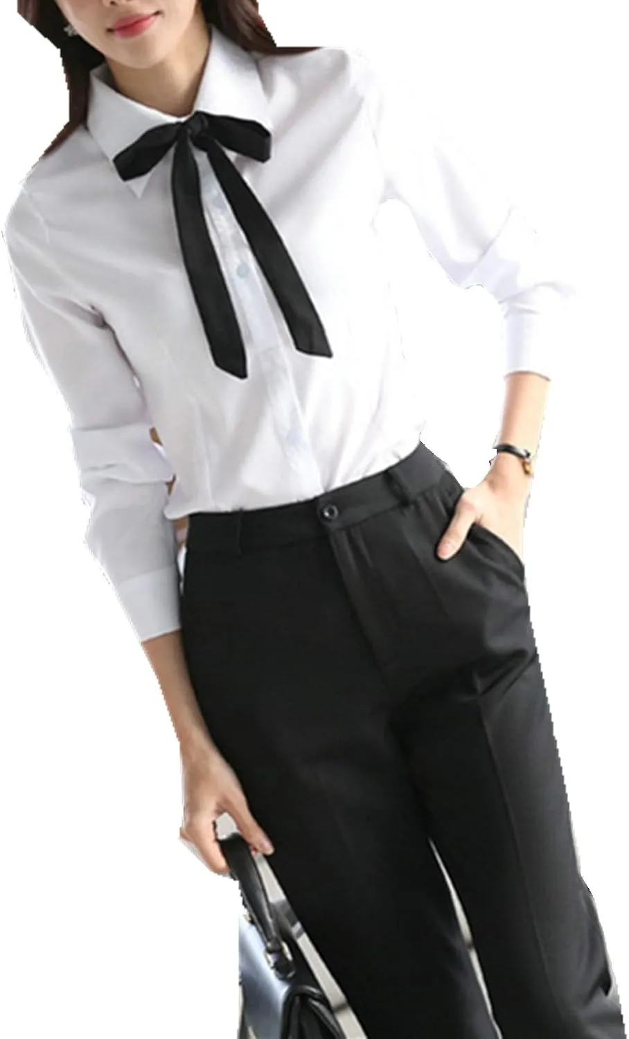 Women's Long Sleeve Chiffon Work Tops Bowtie Blouses Button Down Shirts White OL Shirts