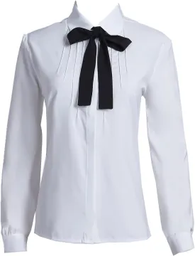 Women's Long Sleeve Chiffon Work Tops Bowtie Blouses Button Down Shirts White OL Shirts