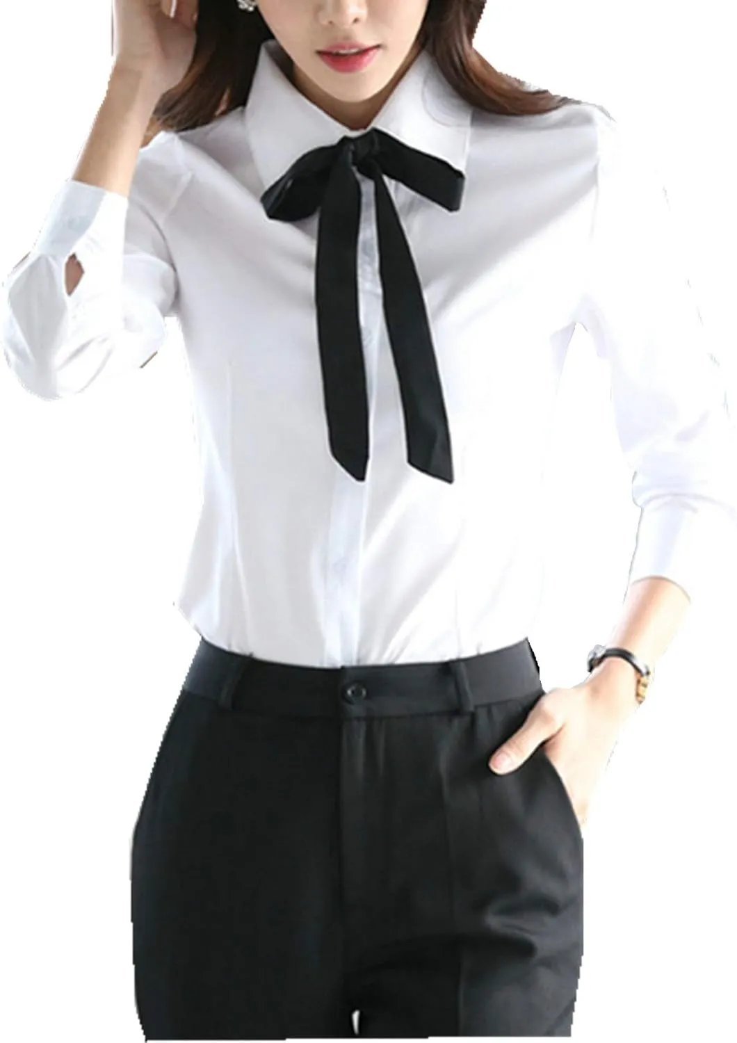 Women's Long Sleeve Chiffon Work Tops Bowtie Blouses Button Down Shirts White OL Shirts