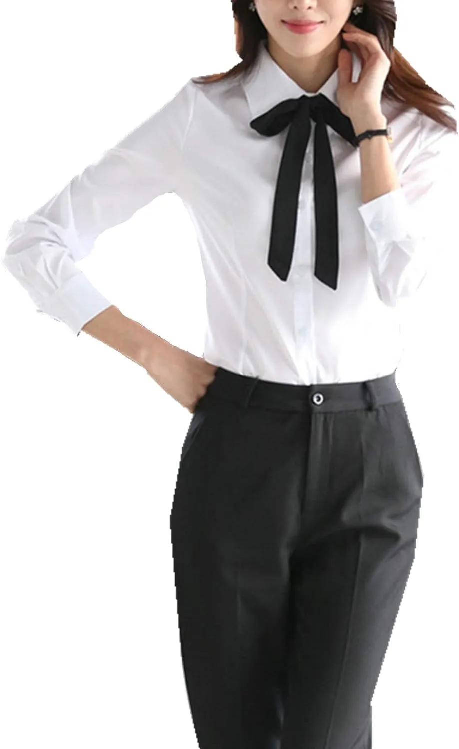 Women's Long Sleeve Chiffon Work Tops Bowtie Blouses Button Down Shirts White OL Shirts