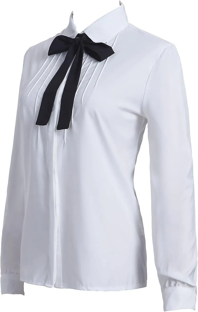 Women's Long Sleeve Chiffon Work Tops Bowtie Blouses Button Down Shirts White OL Shirts