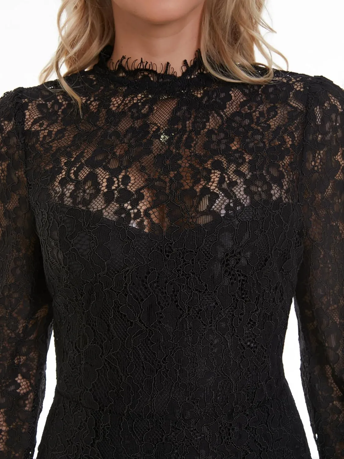 Women's Long Sleeve Lace Floral Elegant Cocktail Ocassion Party Midi Dress Wedding Guests Dress