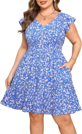 Womens Plus Size Summer Dress - Casual Beach Floral Print V Neck Ruffle Sleeve Flowy Short Sundress with Pockets