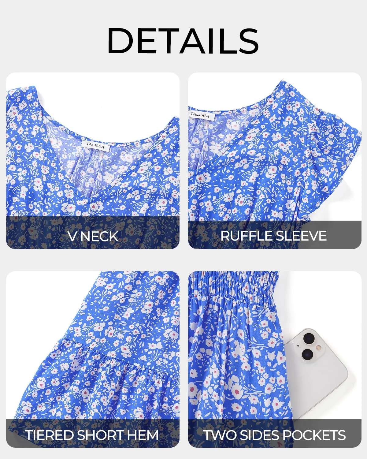 Womens Plus Size Summer Dress - Casual Beach Floral Print V Neck Ruffle Sleeve Flowy Short Sundress with Pockets
