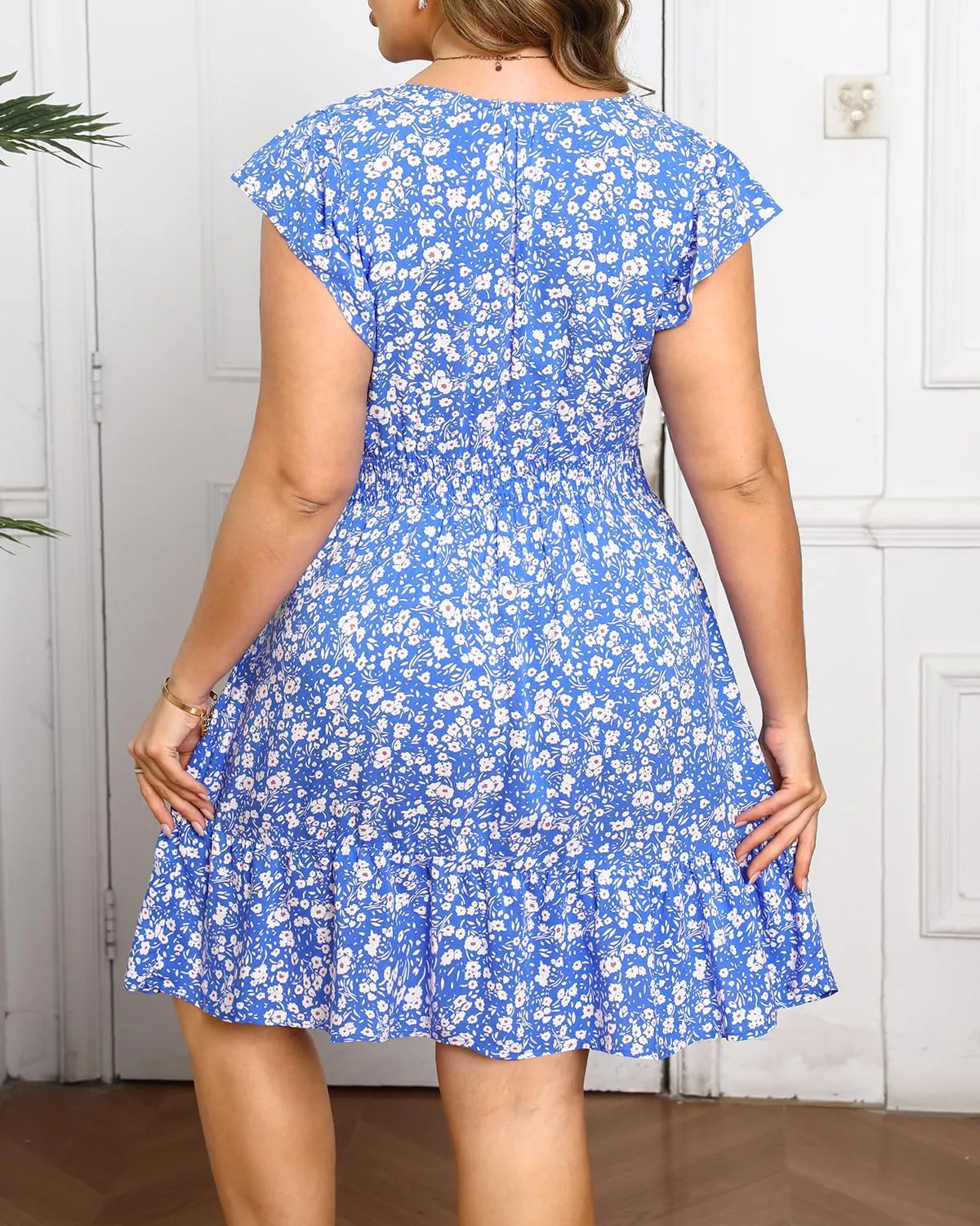Womens Plus Size Summer Dress - Casual Beach Floral Print V Neck Ruffle Sleeve Flowy Short Sundress with Pockets