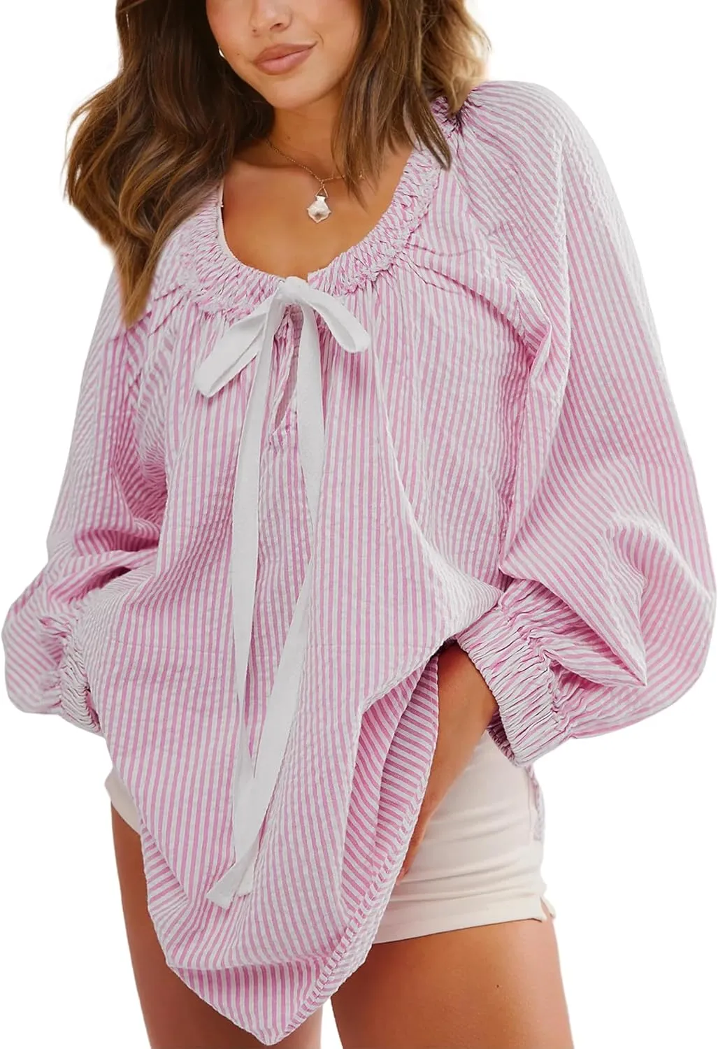 Womens Striped Blouse Long Sleeve Shirts Bow Tie Front Casual Loose Tunic Tops