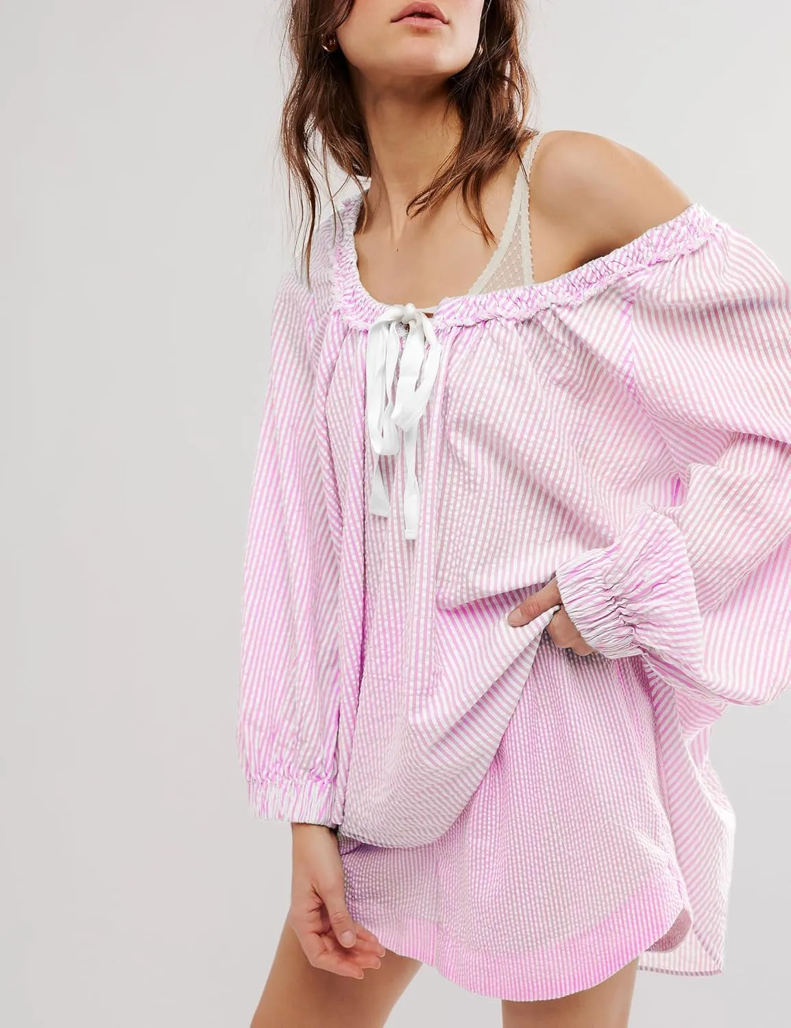 Womens Striped Blouse Long Sleeve Shirts Bow Tie Front Casual Loose Tunic Tops