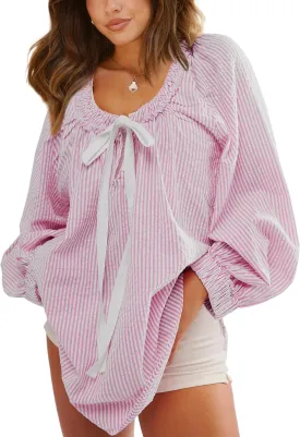 Womens Striped Blouse Long Sleeve Shirts Bow Tie Front Casual Loose Tunic Tops