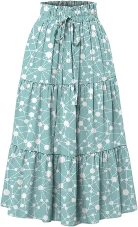 Women's Sundresses Boho Floral Skirt Casual Elastic High Waist Maxi Skirts Flowy A Line Beach Long Skirt, S-2XL
