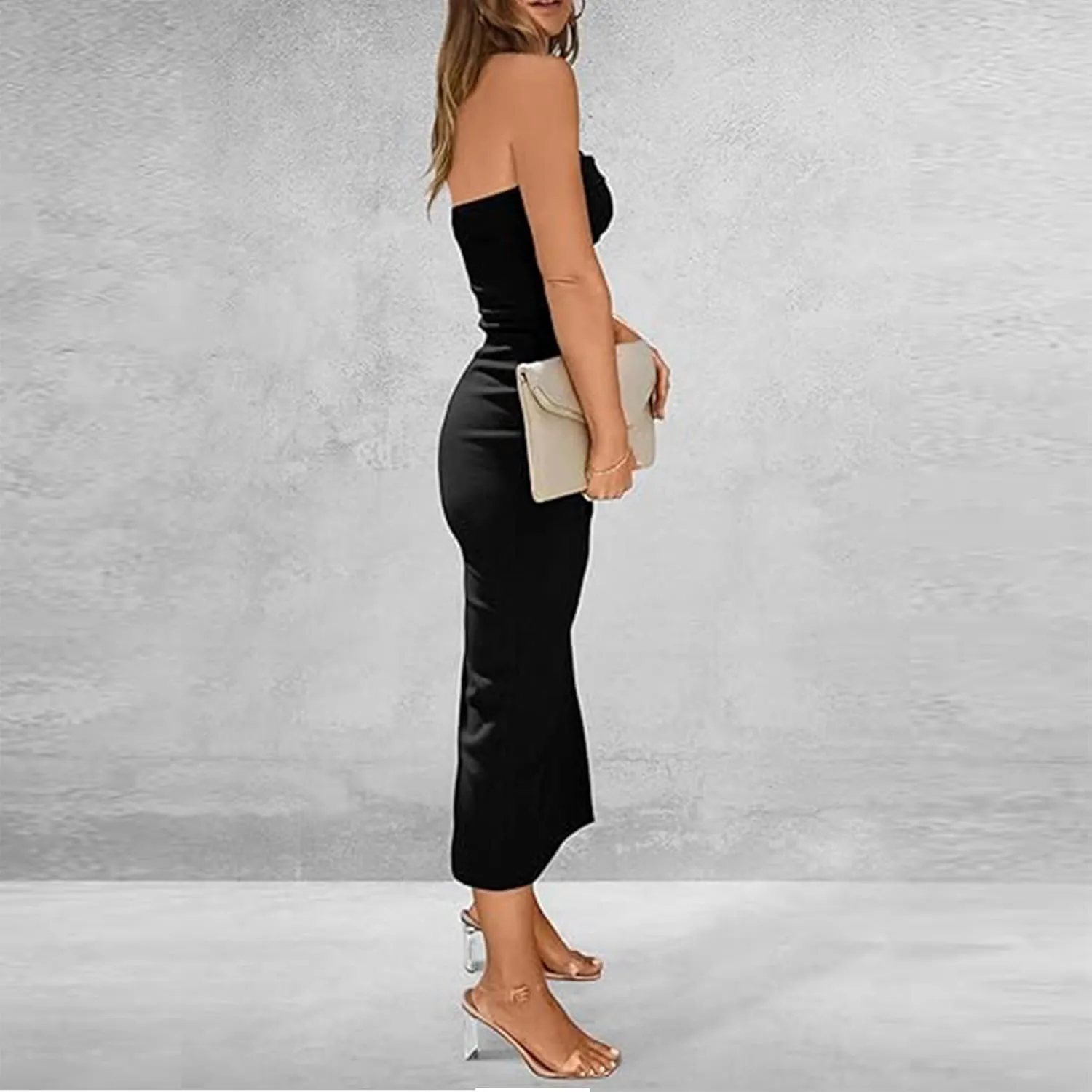 Woolicity Womens Summer Strapless Bodycon Maxi Tube Dress Split Sexy Party Club Casual Elegant Dress