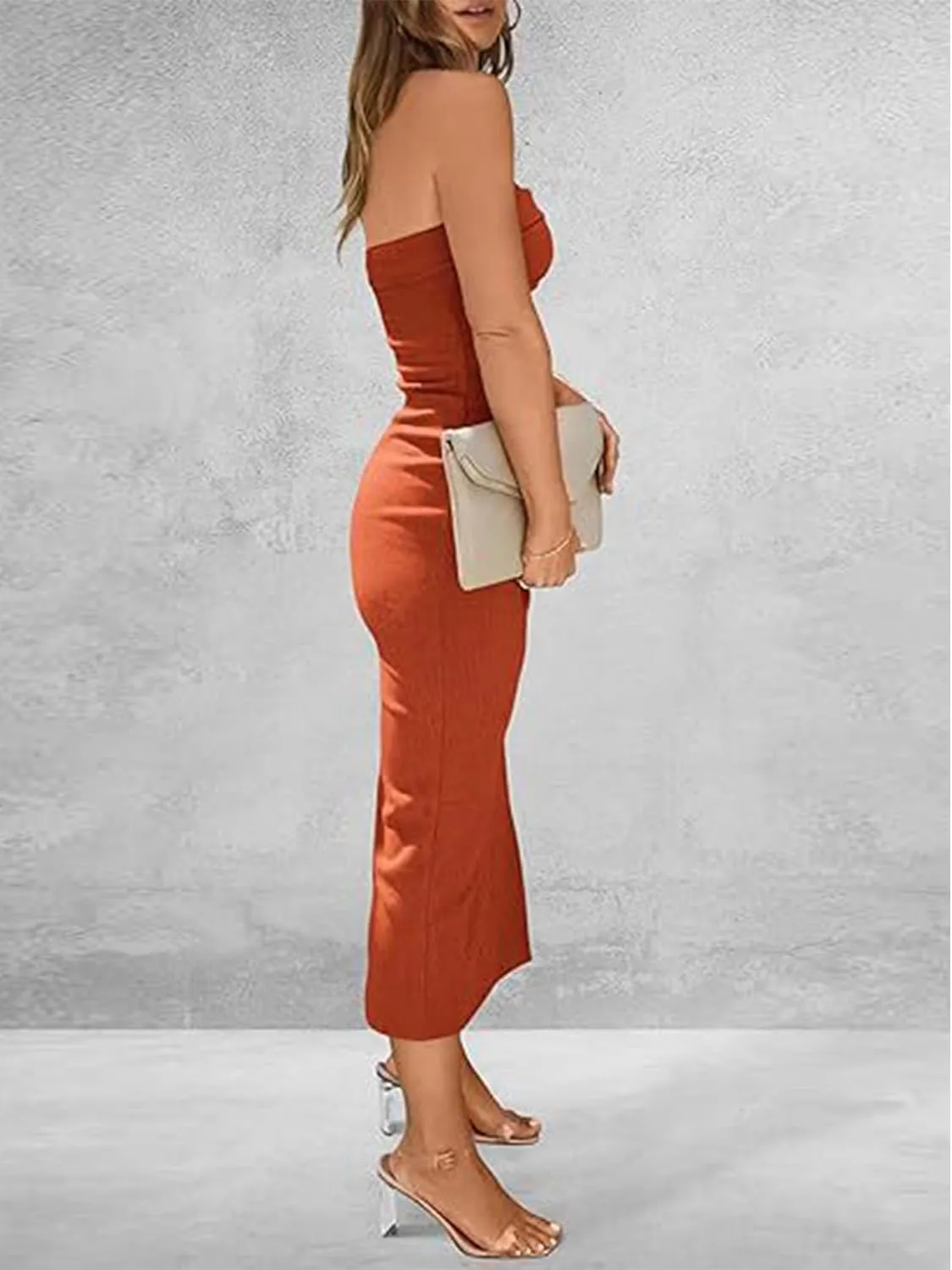 Woolicity Womens Summer Strapless Bodycon Maxi Tube Dress Split Sexy Party Club Casual Elegant Dress