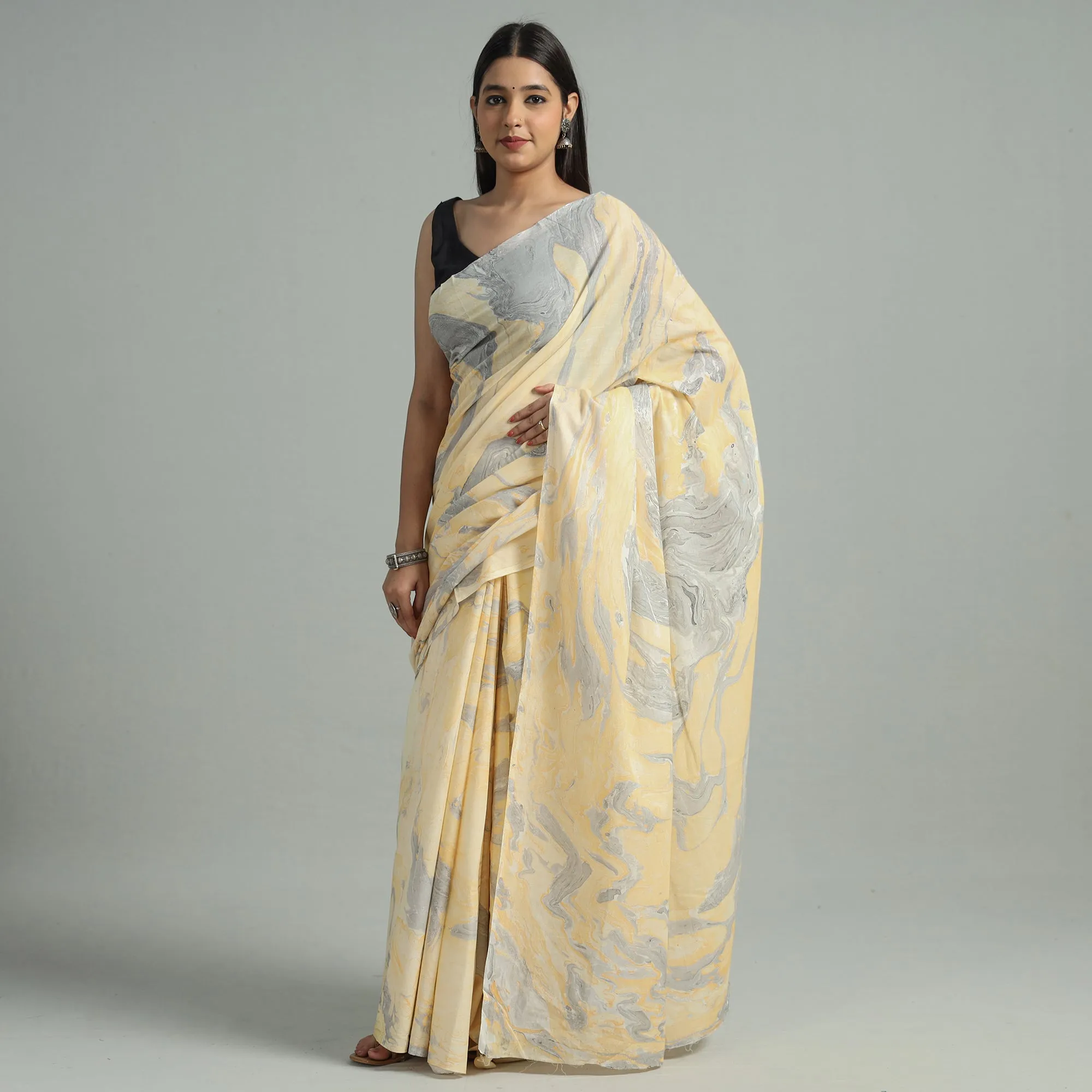 Yellow - Hand Marble Printed Mul Cotton Saree 18