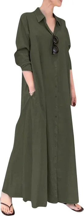 YMING Womens Cotton and Linen Shirt Dress Casual Loose Blouse Dress Solid Color Maxi Dresses Plus Size